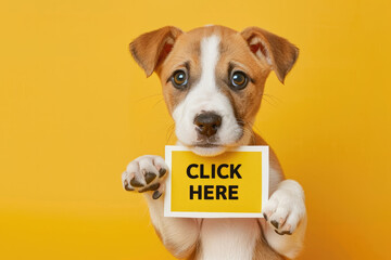 Cute Playful Puppy with "CLICK HERE" Sign on Bright Yellow Background