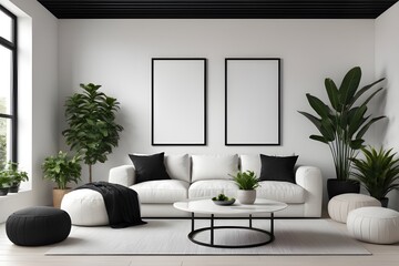 Two mockup frames in white living room interior background, interior mockup design, frame mockup