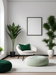 White living room wall poster mockup, interior mockup with house background, frame mockup
