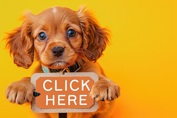 Charming Puppy Holding "CLICK HERE" Sign on Yellow Background Copy Space