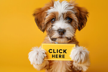  Adorable Puppy Holding "CLICK HERE" Sign on Yellow Background