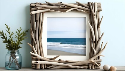 A coastal inspired frame made of driftwood branche