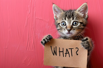 Curious Cute Kitten with "WHAT?" Sign on Textured Pink Background Copy Space