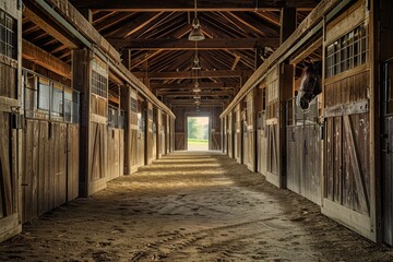 A barn aisle with horses peeking out from stalls on either side, creating symmetry and visual interest