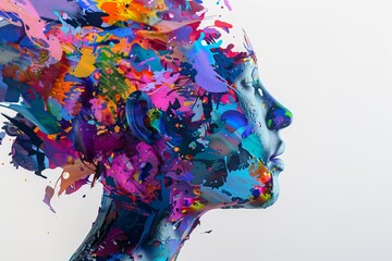 A vibrant female profile exploding with colors, representing bipolar disorder and emotional highs and lows. Concept of mood swings.
