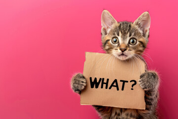 Cute Kitten Holding "WHAT?" Sign on Pink Background Copy Space