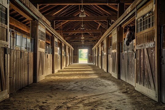 A barn aisle with horses peeking out from stalls on either side, creating symmetry and visual interest