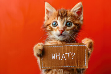 Curious Cute Ginger Kitten Holding "WHAT?" Sign on Vibrant Red Background