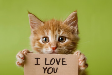 Sweet Adorable Ginger Kitten Holding "I Love You" Sign on Light Green Background