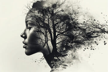 A female face blending into a tree silhouette, representing dissociation and autism spectrum disorder (ASD). Concept of identity.
