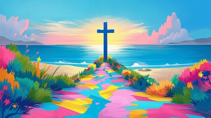 Vibrant illustration of a cross on a colorful beach path representing Easter with a religious theme.