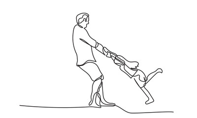 Continuous line drawing of  father playing with his child. Father's Day concept. A single one-line drawing of a dad spinning his child.