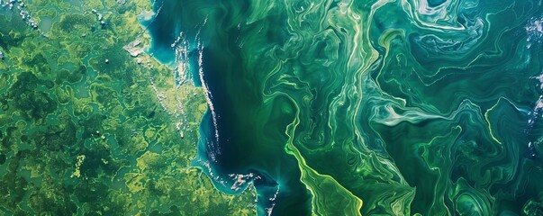 Satellite image capturing the extensive growth of algae blooms on a lake surface, vivid style