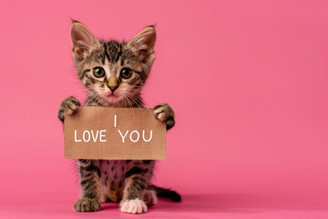 Endearing Cute Kitten Holding "I Love You" Sign on Pink Background Copy Space