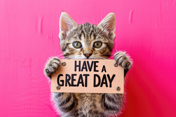 Adorable Tabby Kitten Holding "Have a Great Day" Sign on Pink Background