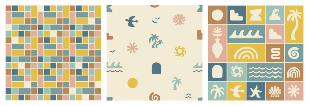 Boho groovy palm tree beach sun sea seamless patterns. Surf club vacation and sunny summer day aesthetic. Vector illustration background in trendy retro naive style. Pastel yellow blue braun colors.