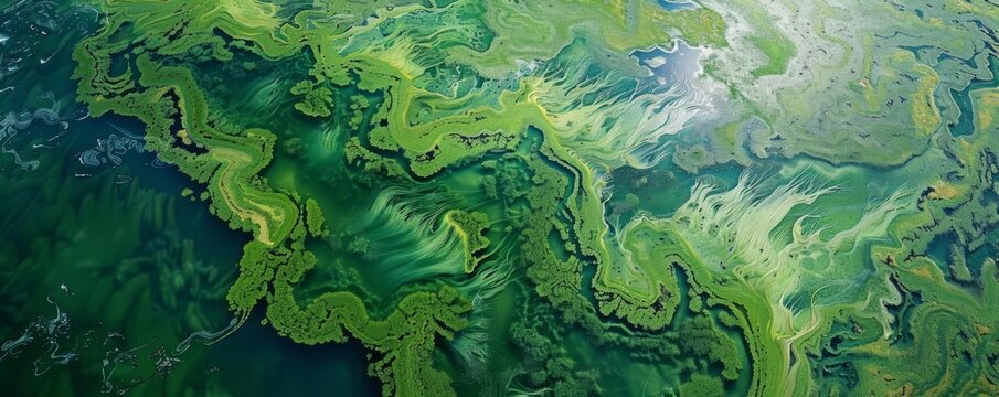 Satellite image capturing the extensive growth of algae blooms on a lake surface, vivid style