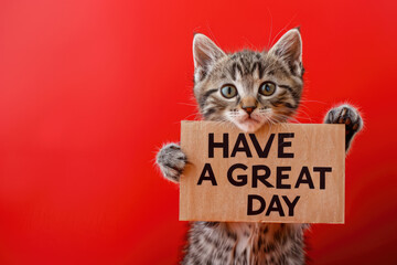 Playful Cute Kitten Holding "Have a Great Day" Sign on Vibrant Red Background Copy Space