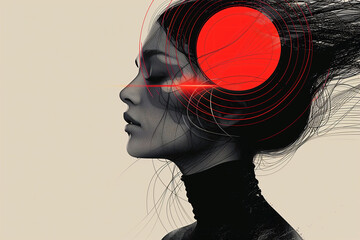 A woman with a red glowing circle over her head, symbolizing stress and mental overload. Concept of ADHD and anxiety.
