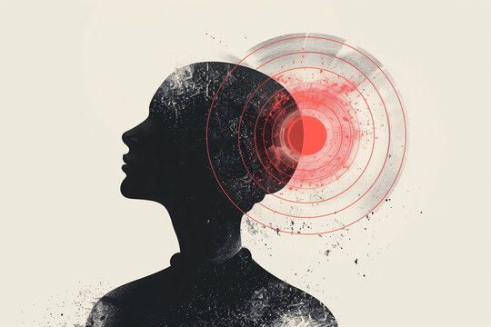 A female silhouette with red target waves over the head, illustrating migraine and chronic stress. Concept of mental health.
