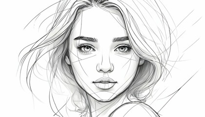 Illustrate a girls face in a sketchy line art sty upscaled 4