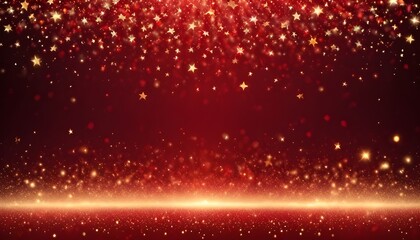 Obraz premium Christmas Wallpaper in red with stars and sparkles. Abstract red backdrops. Golden Anniversary light particles bokeh on a red wallpaper.