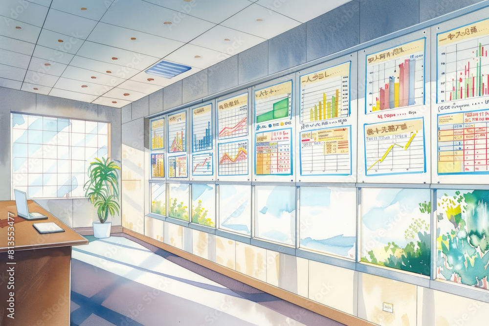 Poster a room filled with an assortment of charts and graphs displayed on the walls, showcasing data analys