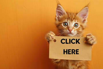 Playful Orange Kitten Holding a "Click Here" Sign on a Vibrant Orange Background Copy Space