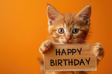 Charming Orange Kitten Holding "Happy Birthday" Sign on Bright Orange Background