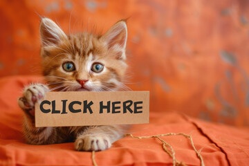 Cute Orange Fluffy Kitten with "Click Here" Sign on Orange Textured Background
