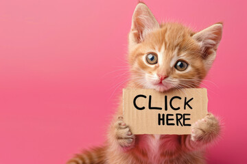 Adorable Orange Kitten Holding "Click Here" Sign on Pink Background Copy Space