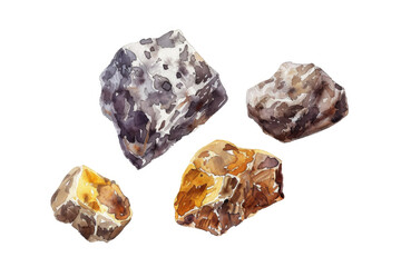 A detailed watercolor painting of rocks depicted on a clean white background, showcasing intricate textures and shapes in the artwork