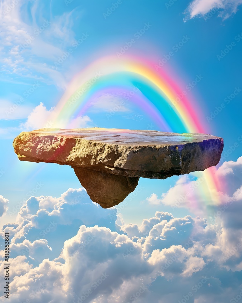 Poster a floating rock platform in the sky with a rainbow and clouds in background