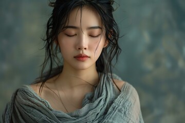 Fototapeta premium Enhance the realism of this image. Make the skin texture more detailed, the hair more lustrous, and the eyes more lifelike.