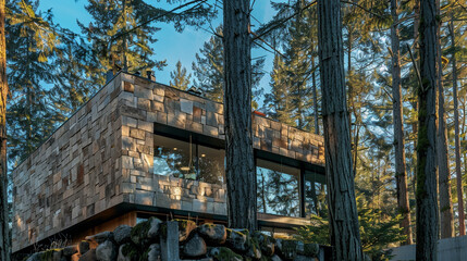 Sleek cubic house with a textured stone facade, nestled among tall pine trees.