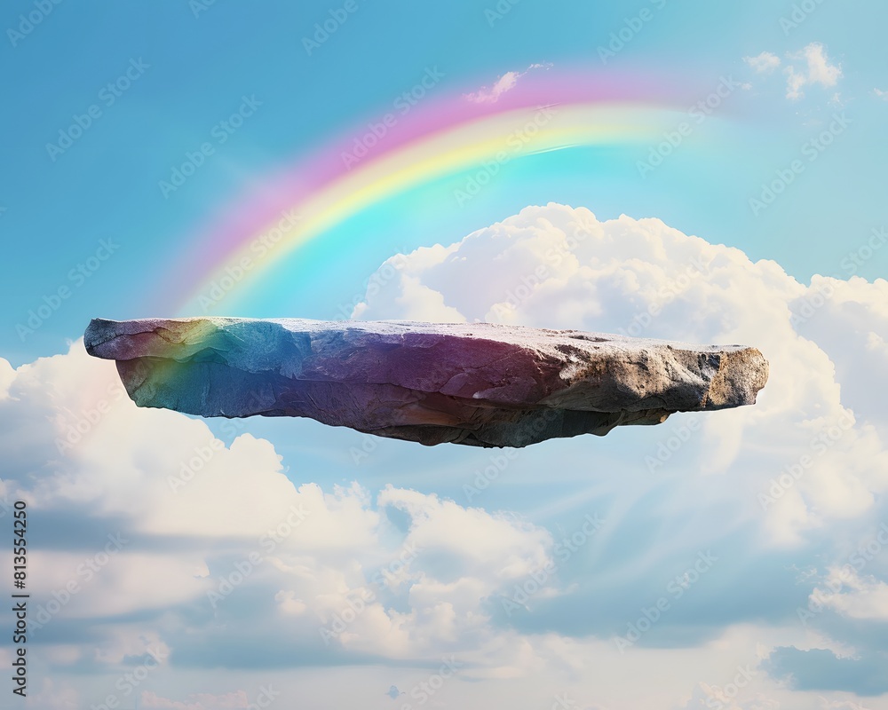 Poster a floating rock platform in the sky with a rainbow and clouds in background