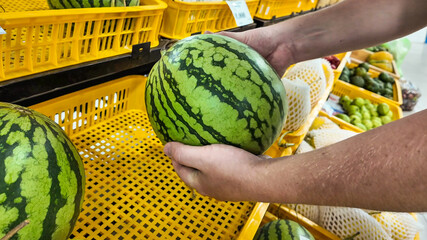 Person picking a ripe watermelon from a supermarket fruit stand during summer season shopping,...