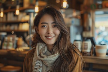 A photo of a young woman sitting in a cafe and smiling at the camera - Powered by Adobe