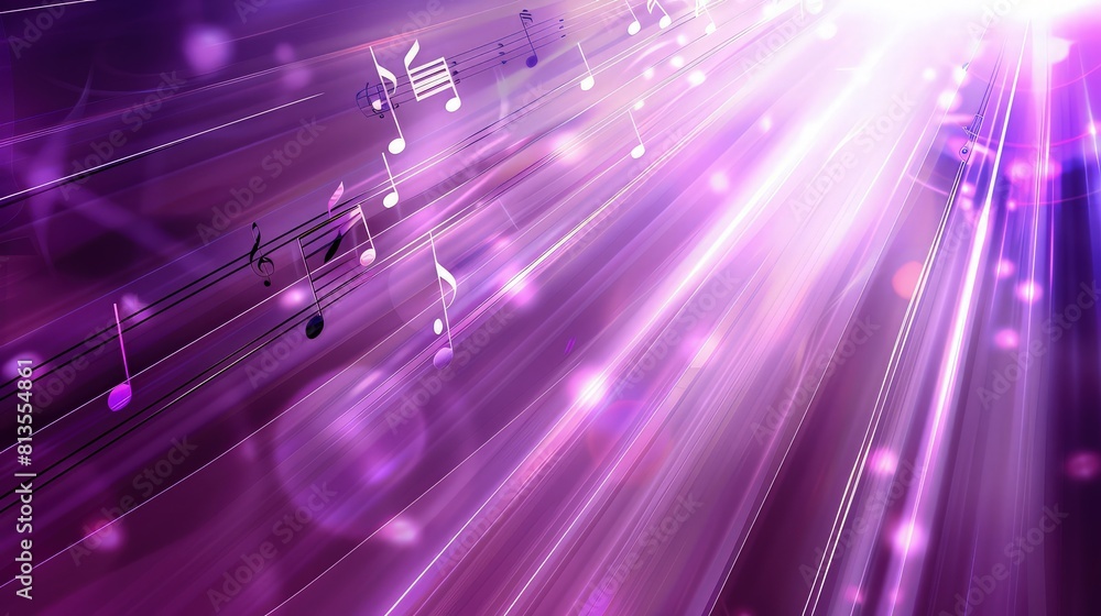 Poster an abstract musical background with swirling shiny notes and vibrant splashes of paint