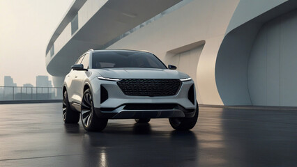 White color SUV car Stand with a front  view in Outdoor with anture and Futuristic background