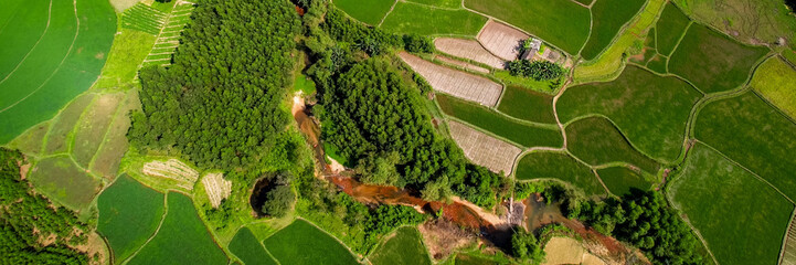 Aerial view of verdant rice terraces with a meandering road, showcasing sustainable agriculture and...