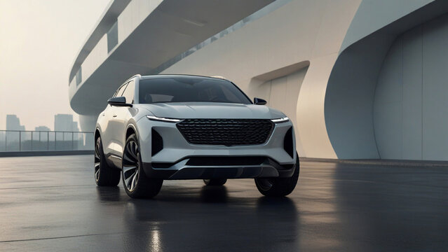 White color SUV car Stand with a front  view in Outdoor with anture and Futuristic background