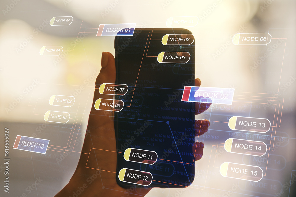 Aufkleber multi exposure of abstract software development hologram and hand with cell phone on background, res