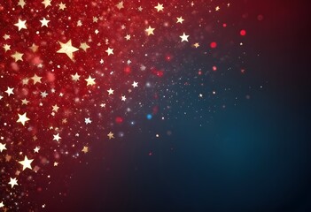 Christmas Wallpaper in red with stars and shimmering confetti. Abstract red wallpapers. Golden 4th July light particles bokeh on a red background.