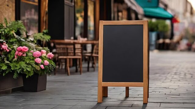 Signboard on the street. Empty menu board stand. Restaurant sidewalk chalkboard sign board. Freestanding A-frame blackboard 