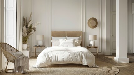 Serene White Bedroom with Elegant Minimalism, Ideal for Relaxing and Stylish Comfort