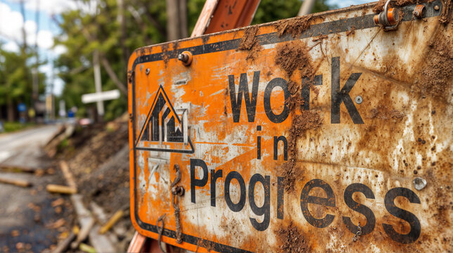 A rusted orange sign shown in perspective that says WORK IN PROGRESS on it, placed in front of construction site, 16-9