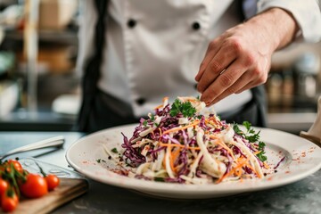 A restaurant chef presenting a beautifully plated coleslaw side dish with a gourmet twist