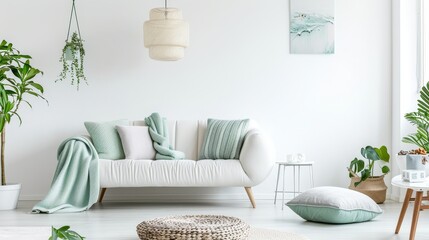 Modern Living Room with Green Accents and White Sofa, Ideal for Eco-Friendly Home Features and Design Magazines