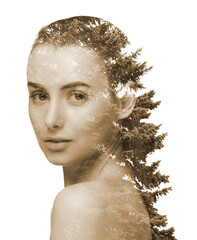 Double exposure of woman and trees, sepia effect